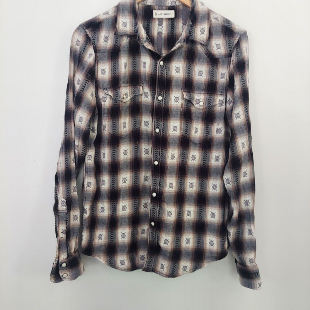 Lucky Brand Men's Dobby Western Long Sleeve Snap-Front Plaid Shirt Size Small